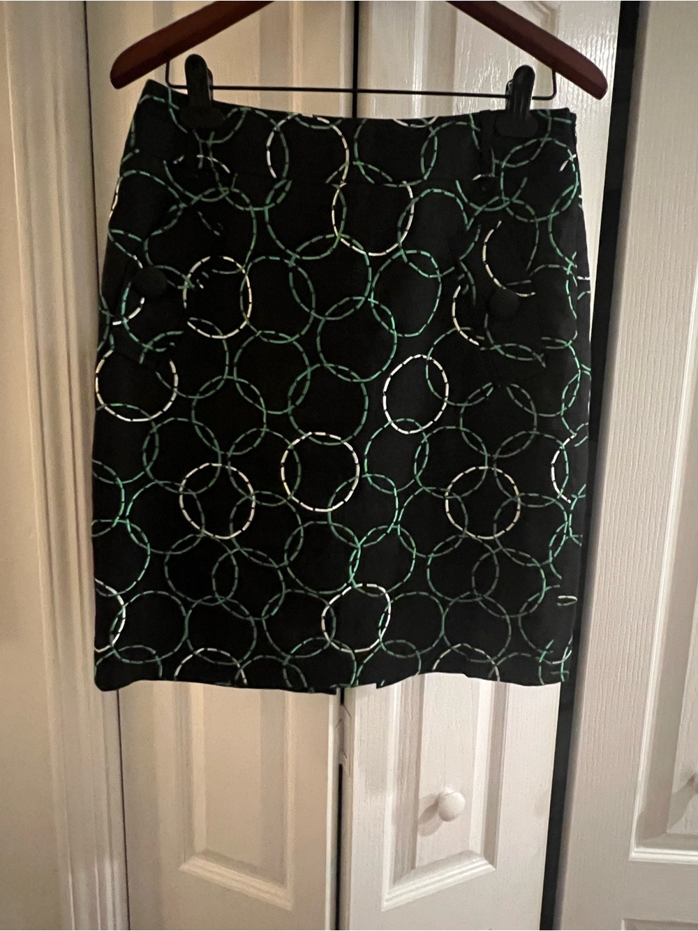 Black Mini Skirt with Green and White Ring Print
